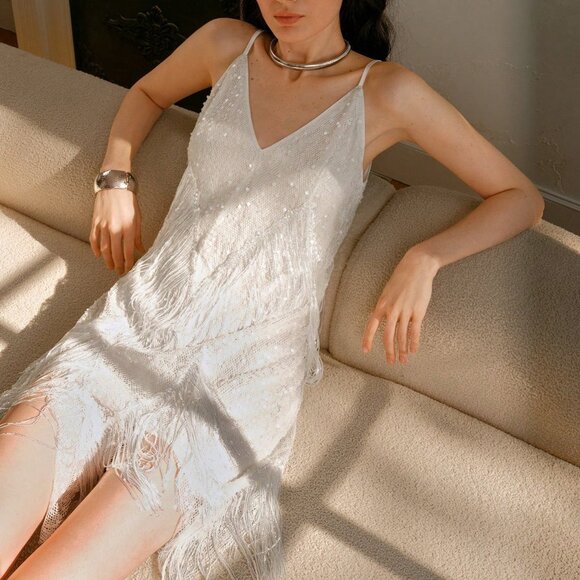 Dresses & Skirts - White Party Women's Spaghetti Strap Sequin V-Neck Tassel Slit Hem Dress